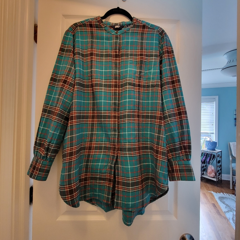 Lands' End L Aqua Plaid Flannel Tunic Top